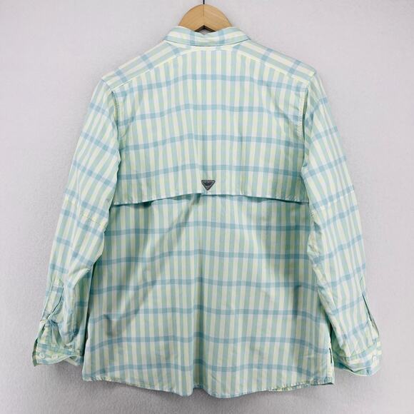 COLUMBIA Top Womens M PFG SUPER BAHAMA Plaid Roll Tab Fishing Button Down White - Picture 6 of 16